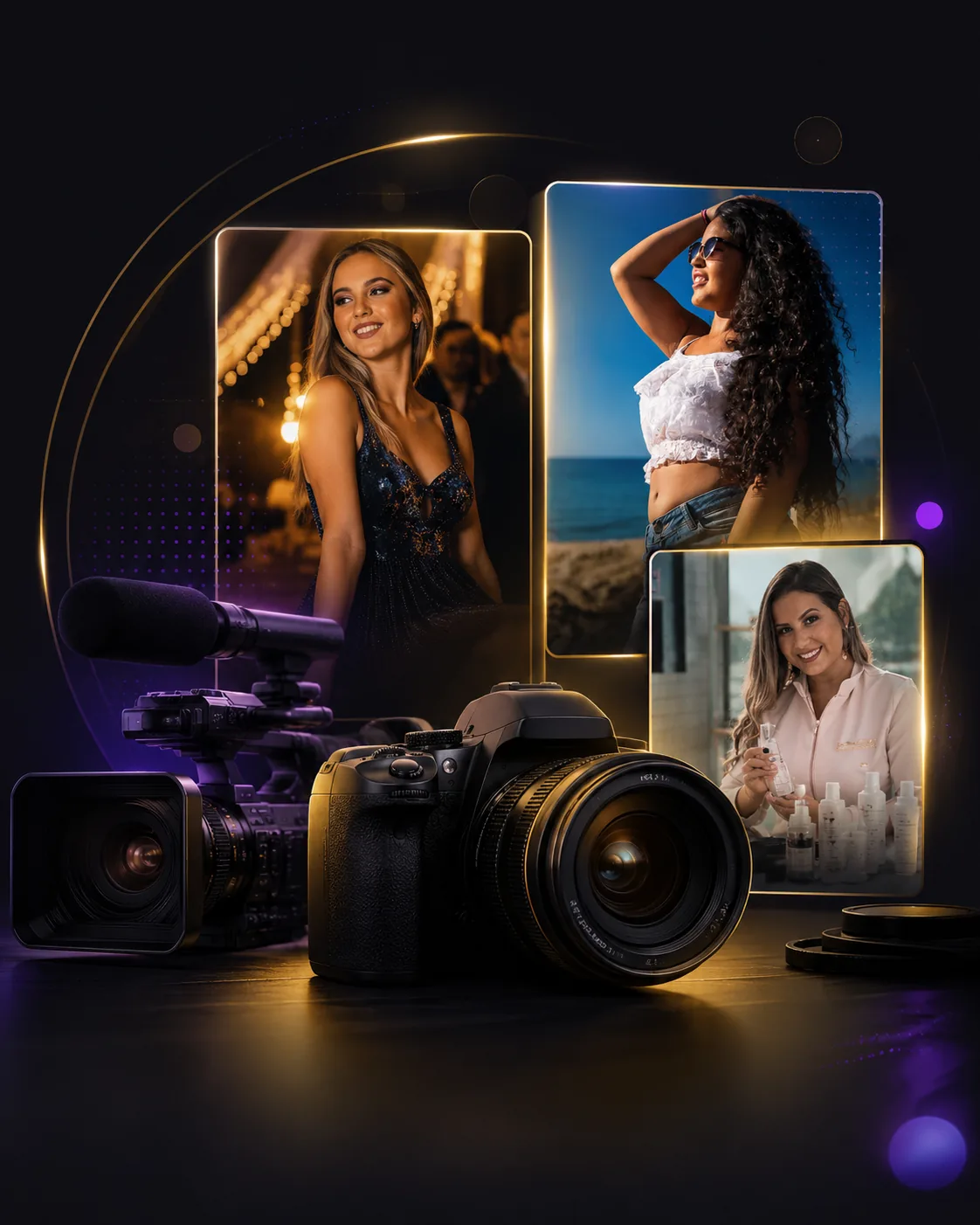 Câmera, equipamento de vídeo e retratos produzidos em composição premium