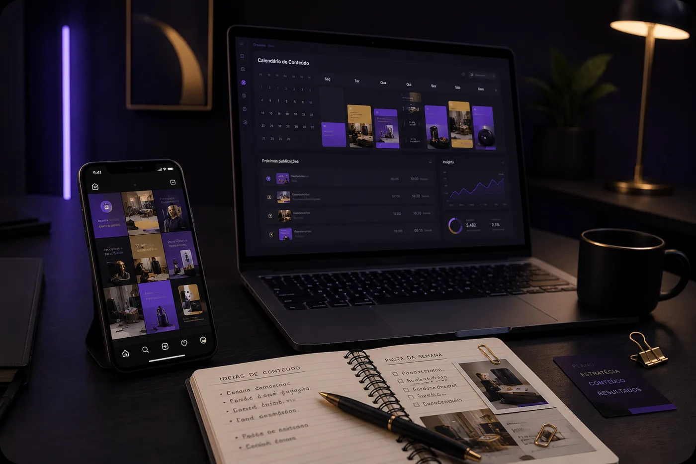 Mesa de trabalho com notebook exibindo calendário de conteúdo, celular com grade social e materiais de planejamento