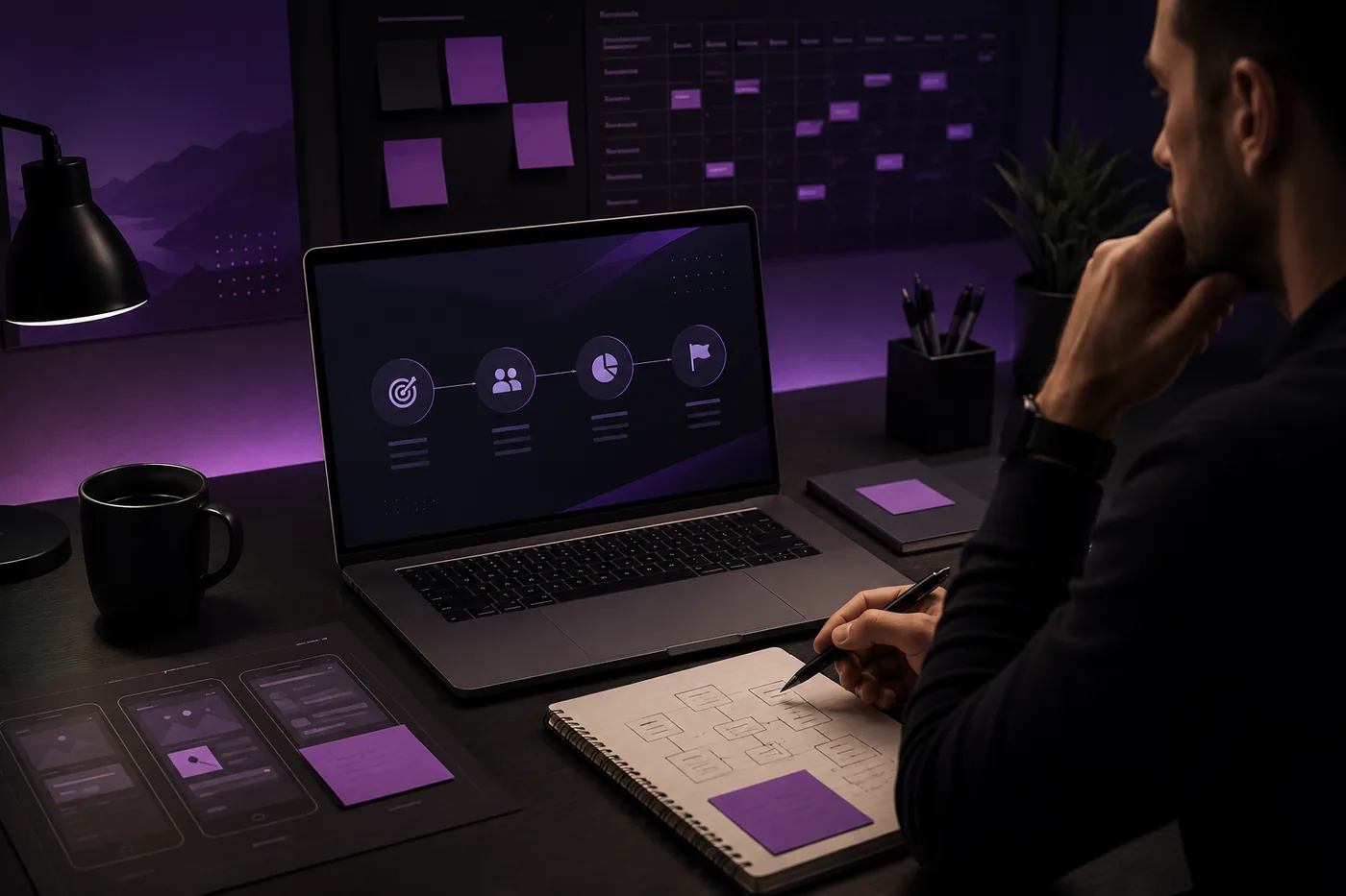 Mesa de planejamento com notebook, fluxo estratégico e anotações