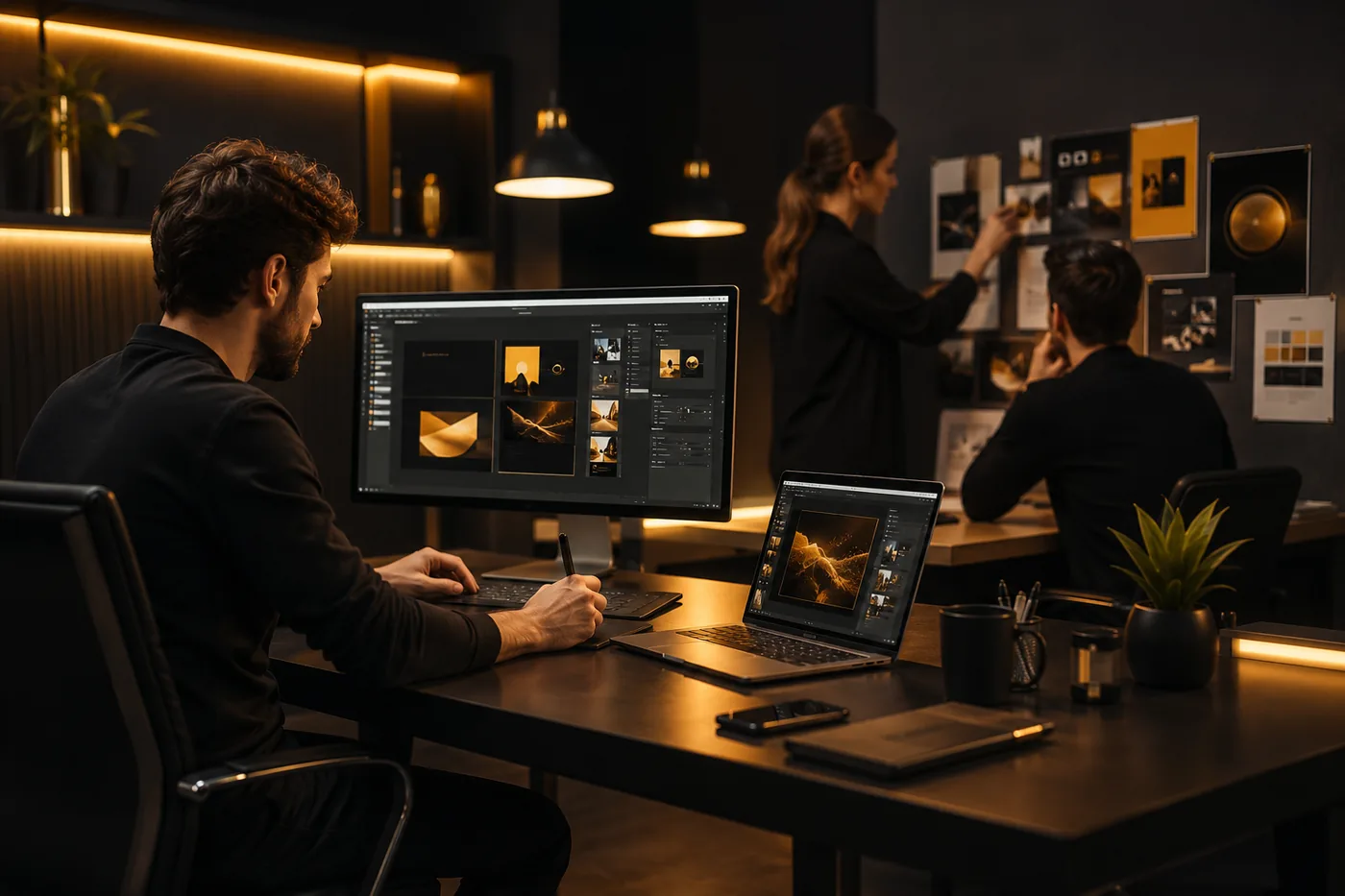 Equipe produzindo peças visuais e materiais de campanha em estúdio