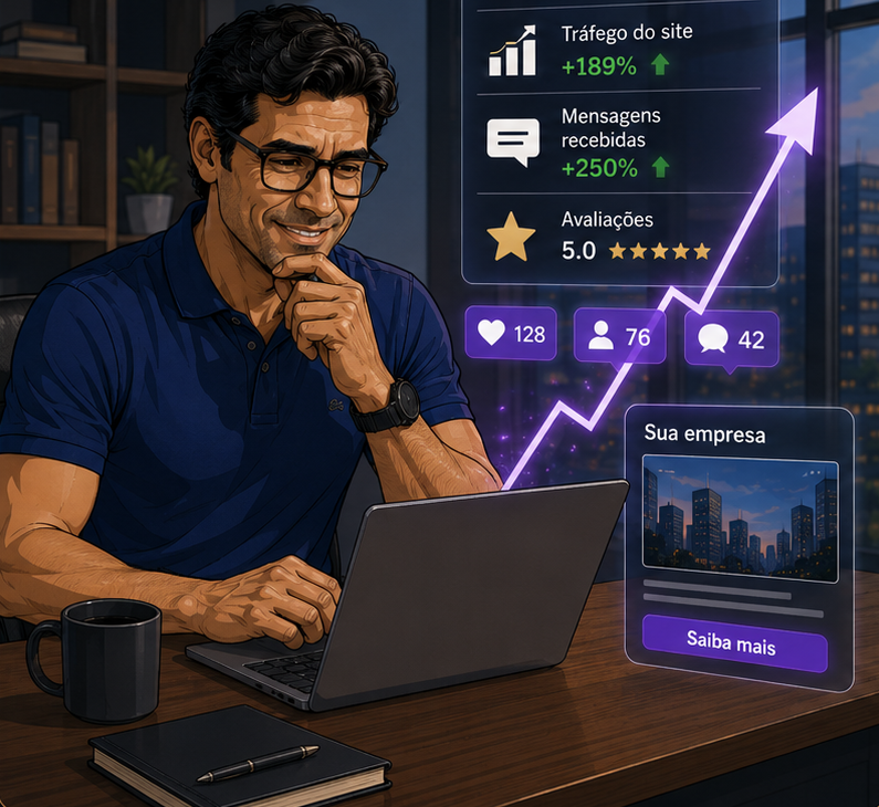Empresário acompanhando indicadores de presença digital em crescimento